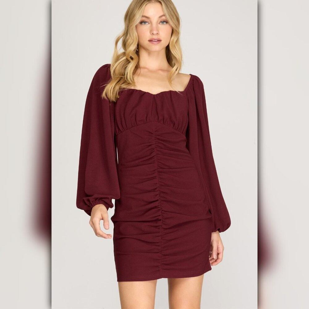 A462 • Wine Ruched Balloon Sleeve Mini Dress